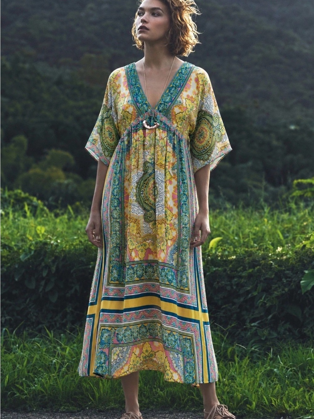 Sundance Boho V-Neck Midi Dress in Yellow and Green